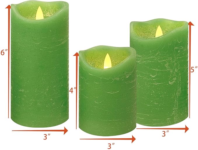 CANDLE CHOICE Battery Operated Flameless Candles with Timer Real Wax Realistic Flickering Electric LED Pillars Automatic Built-in Daily Cycle Timer 6-Hour on 18-Hour Off 3 Pack Rustic Texture Green