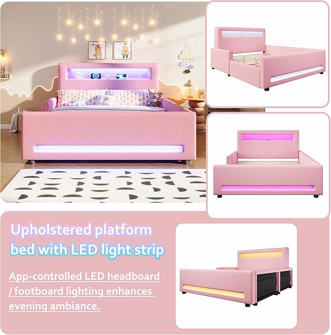 MERITLINE Full Size Upholstered Platform Bed with Drawer, App-Controlled RGB LED Light Strip & USB Port, PU Fabric Storage Bed (Pink) | LED light, Storage Drawer