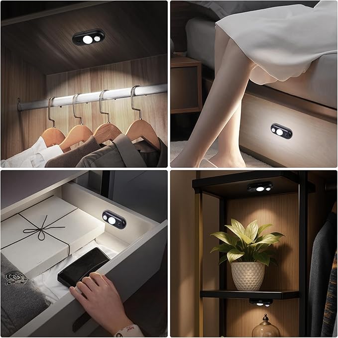 LED Motion Sensor Light Indoor, Black Magnetic Under Cabinet Lighting Daylight White, Dimmable Rechargeable Puck Lights for Closet, Kitchen, Stairs(6 Pack)