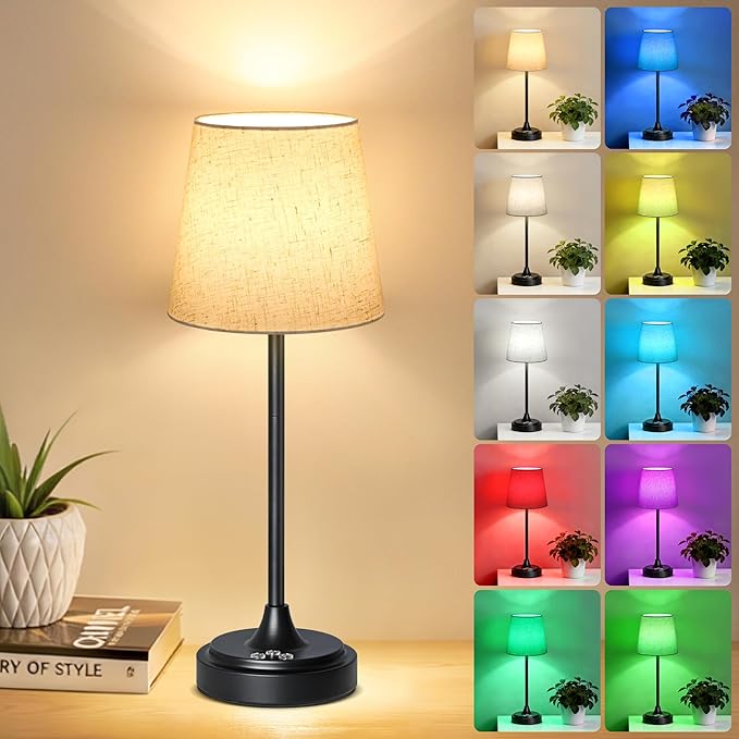 Cordless Table Lamp Rechargeable,5000mAh Battery Operated Desk Lamp,3 Colors & 7 RGB Stepless Dimmable,Touch Ambient Light for Bedside,Bedroom,Dining Room,Living Room,Black,FlaxenShade