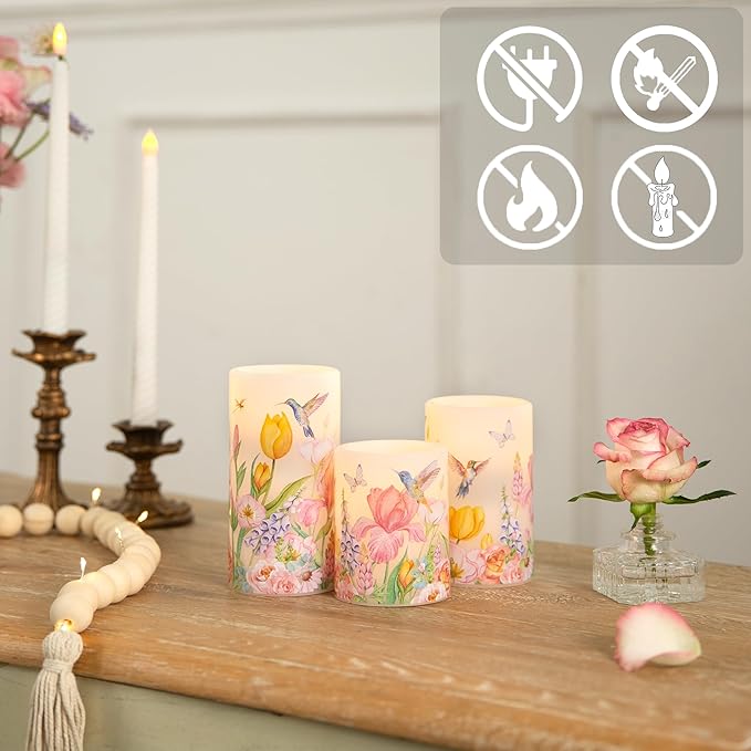 Flameless Candles with Remote, Battery Operated Candles Real Wax Hummingbird Flickering LED Candles Floral Christmas Decor Electric Pillar Candles Set of 3
