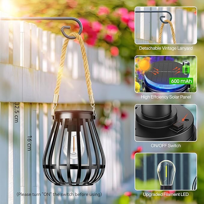 Solar Lanterns Outdoor Waterproof: Metal Hanging Lights for Outside with Rope for Garden, Yard, Patio, Porch, Balcony Decorations, Bright Hanging Solar Lantern Outdoor Decor Gifts for Women