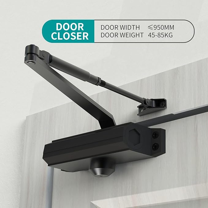 Automatic Door Closer Heavy Duty Fire Prevention Spring Hydraulic Aluminum Alloy Surface Mounted Residential Commerical Door Closer (Black, Size2-Door Weights 99-187 Lbs)