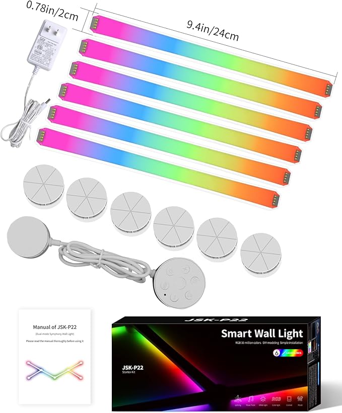 Smart LED Wall Lights, Music Sync Voice Control DIY RGB Light Bar with 16M+ Color & 44+ Scenes, Dimmable Home Decor Wi-Fi Wall Light for Gaming Room TV Bedroom (6 Lines)
