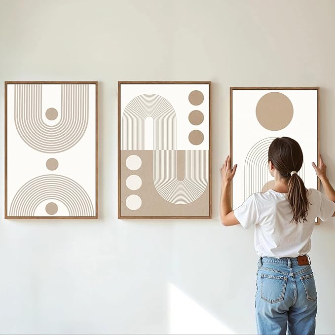 YeeHomedec Boho Beige Framed Canvas Wall Art, Mid Century Modern Wall Decor, Bohemian Abstract Minimalist Artwork, Neutral Geometric Line Art Painting for Living Room Bedroom Office 24"x36"x3
