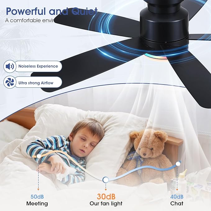 46 Inch Black Flush Mount Ceiling Fans with Lights, 5 Blades Reversible, 6-Speed 2H Timer, RGB & 3 CCT Dimmable, Remote & APP Control for Bedroom Kidsroom
