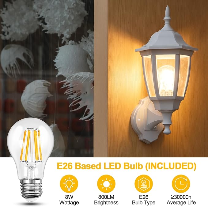 FUDESY Outdoor Wall Light Dusk to Dawn, Porch Sensor Light White Plastic Anti-Corrosion with LED Edison Filament Bulb, Exterior Mount Lantern for House, Garage (2-Pack)