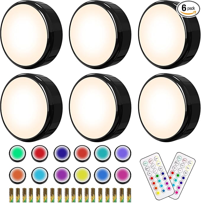 HELPLEX Puck Lights, 16 Colors Changeable Under Cabinet Lights Battery Powered Dimmable LED Puck lightings Under Counter Lights, with 2 Remote Controls, Timing Function, 18 AA Batteries