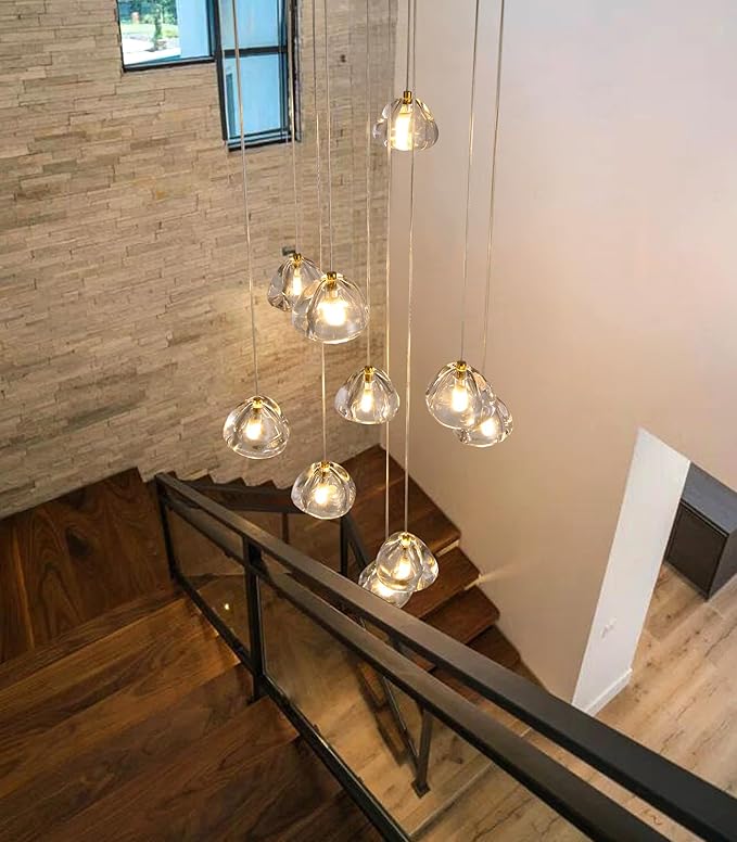 Glam Chandelier with LED Dimmable Bulbs Bubble Crystal Balls Glam Chandeliers High Ceiling Pendants Light Fixtures Adjustable Long Lights Gold Light