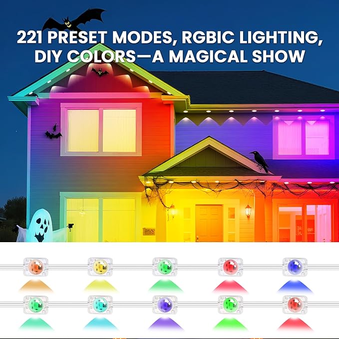 Permanent Lights for Outside House, 50 FT RGB Outdoor Lights, App, Bluetooth Music, Ip67, Christmas Permanent Led Outdoor Lighting for Soffit Fence Garage Landscape Patio.