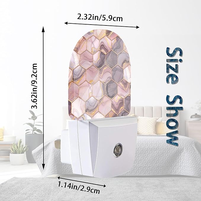 Pink Flow Marble Ink Hexagons Night Lights Plug into Wall for Girls Boys Room,Night Light LED Lamp Dusk to Dawn Sensor Round Lamp for Bedroom Bathroom Hallway Home Wall Decor