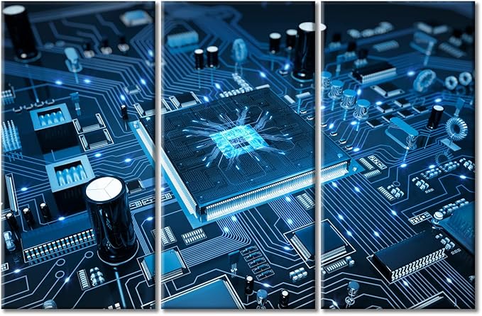 CPU Concept Canvas Wall Art Integrated Communication Processor Posters and Prints Bathroom Decor Wall Art 3 Panel Circuit Board Bedroom Poster Artwork Print on Canvas Framed Ready to Hang (60"Wx40"H)