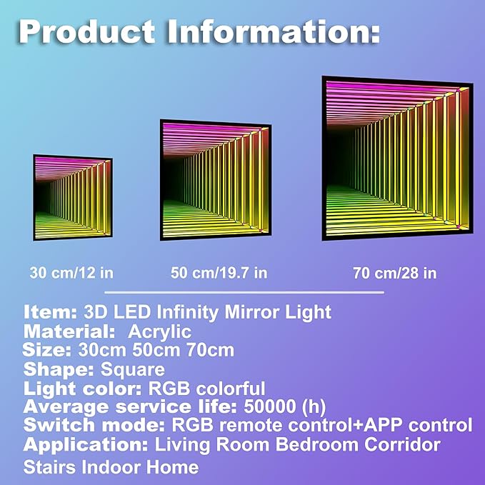 3D Infinity Mirror Light, 28" Square LED Tunnel Wall Light with 358 LEDs, App & Remote RGB Color Changing Mirror for Gaming Room Decor, Party, Bar, Geometric Art Deco Wall Mounted