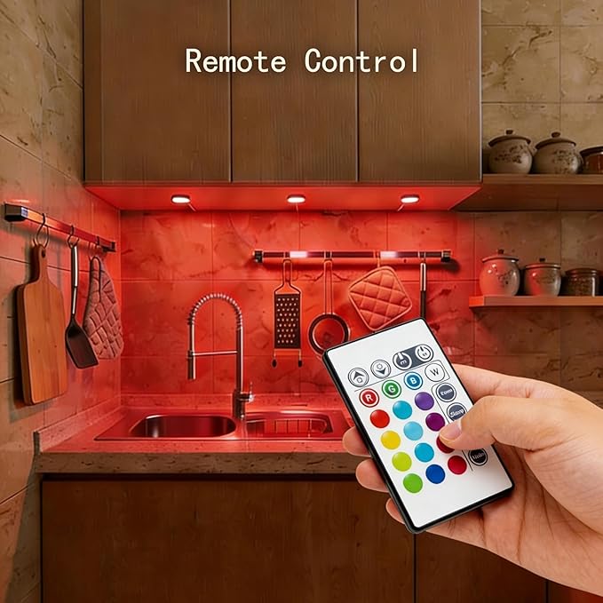 BASON LIGHTING RGB Under Cabinet Lighting, Wireless Remote Control, 16-Color Plug in Puck Lights, Dimmable LED Cabinet Light Kit for Kitchen, Bookshelf, Counter, 4 Pack