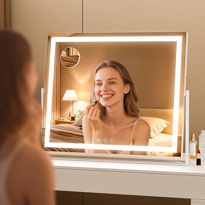 Vanity Mirror with Lights, 26'' x 22'' Lighted Makeup Mirror, Touch Screen with 3-Color Lighting, Dimmable for Vanity Desk Tabletop Square White