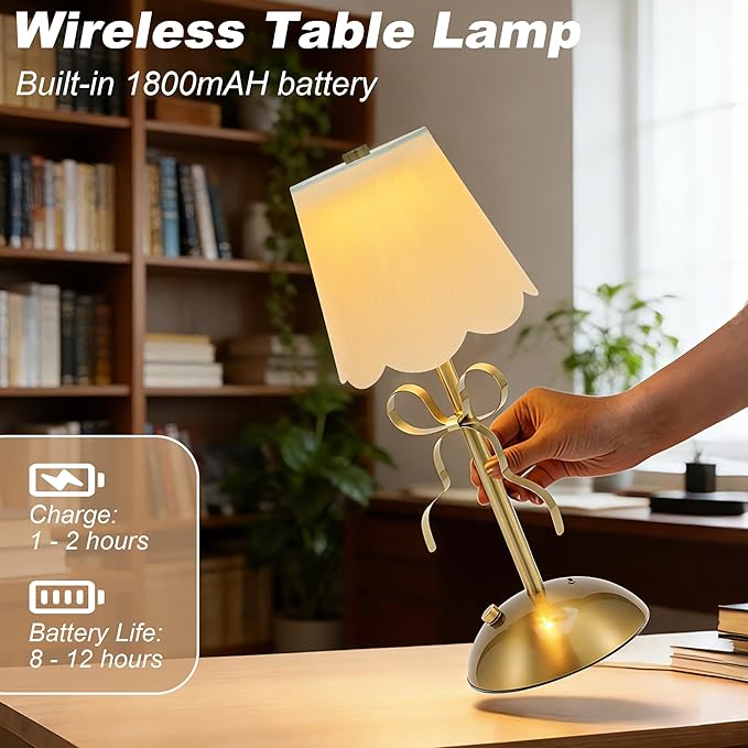 Cordless Table Lamp,Rechargeable LED Desk Lamp,Small Bedside Lamps with Touch & 3 Color,Cute Room Decor Bow Lamp,Night Light for Girls' Room Princess Room (Gold)