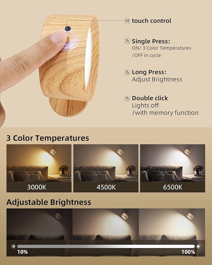 LED Wall Mounted Lights, Rechargeable Wall Sconces Lamp, 3 Color Temps & Remote and Touch, 360°Rotation Dimmable Cordless Wall Light for Study Bedroom Reading Bedside(Wood, 1 Pack)