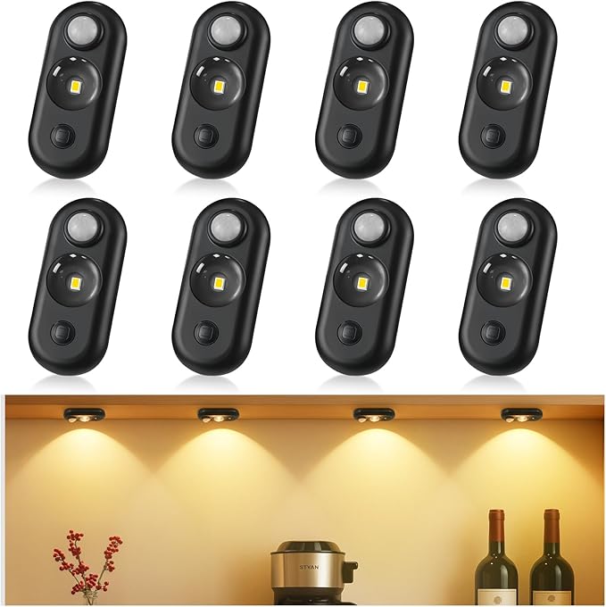 LED Motion Sensor Puck Lights, Small Rechargeable Under Cabinet Light, Dimmable Warm White Closet Lights, Wireless Under Cabinet Lighting for Drawer, Kitchen (8 Pack, Black)