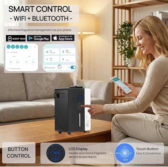 Diffuser - WiFi Air Machine for Home & Commercial Use, Covers 7500 sq. ft., Waterless Cold- Air Nebulizing HVAC Oil Diffuser for Large Room, Hotel, Spa, Office