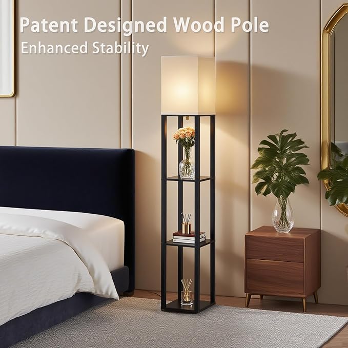 Floor Lamp with Shelves, Modern Square Shelf Lamp for Living Room, Corner Display Standing Lamp, Tall Lamp with White Shade for Bedroom, Office, Home Decor (Black)