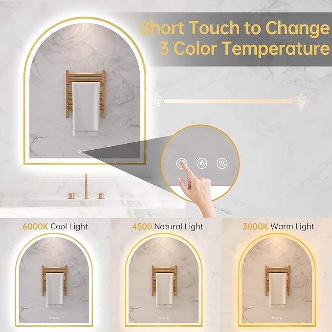 30"x36" Arched LED Mirror for Bathroom, Brushed Gold Lighted Bathroom Mirror with Lights, Fogless, Dimmable, Shatterproof, Touch Sensor, 3 Color Changing
