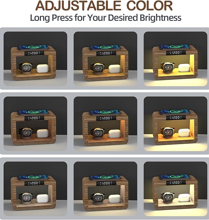 Bamboo Charging Station for Multiple Devices, 15W Fast Wireless Charger Night Light with 3 Color& 4 Adjustable Brightness, Night Stand Charger Station for iPhone/iWatch/AirPods (6955)