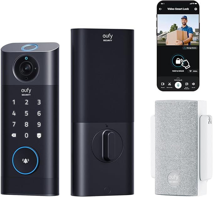eufy Security Video Smart Lock S330, 3-in-1 Camera+Doorbell+Fingerprint Keyless Entry Door Lock, Smart Wi-Fi Deadbolt for Front Door, 8 GB Built-in Storage, SD Card Expandable, Chime Included