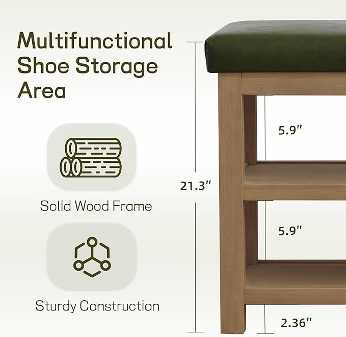 Shoe Rack Bench with Leather Cushion, 2 Tier Solid Wood Storage Bench, Mid-Century Modern Shoe Bench for Entryway, Hallway, Closet, Front Door Entrance, Foyer (Green, 46.5)