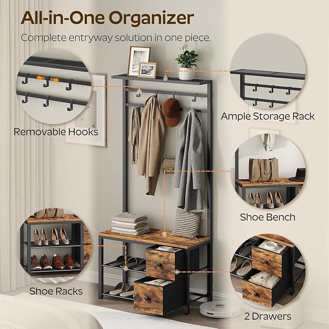 5-in-1 Hall Tree with Drawers, Entryway Bench with 8 Adjustable Coat Rack and Shoe Storage, Industrial Coat Rack with Bench for Entryway and Front Door, Rustic Brown and Black MT06BR