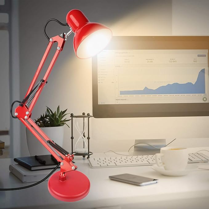 AmeriTop Metal Desk Lamp, Adjustable Swing Arm Table Lamp with Interchangeable Base Or Clamp; Eye-Caring Desk/Clip Reading Lamps for Bedroom, Study, Office (Red)