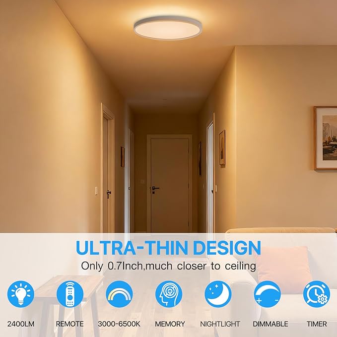 2Pack Dimmable LED Flush Mount Ceiling Light Fixture with Remote Control, 24W 2400LM, 12Inch, 2000K Warm Night Light & 3000K-6500K, Modern Super Slim Ceiling Lamp for Bedroom Kitchen, White