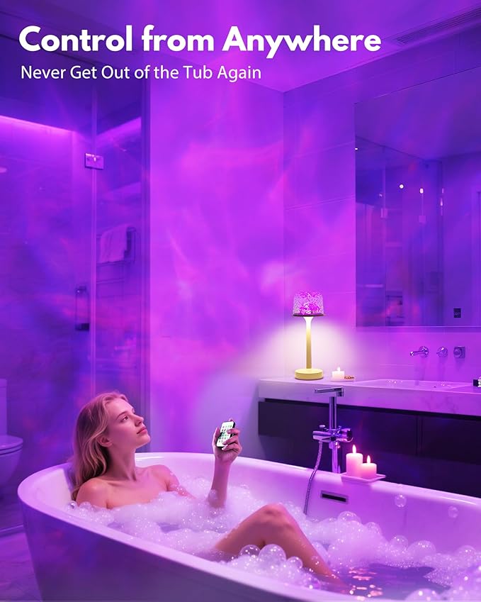 Shower Lamp - Waterproof Bathroom Lamp with 16 Color Ocean Wave Projector, Rechargeable Shower Light with Touch & Remote Control, Cordless Light for Inside Shower/Bathtub
