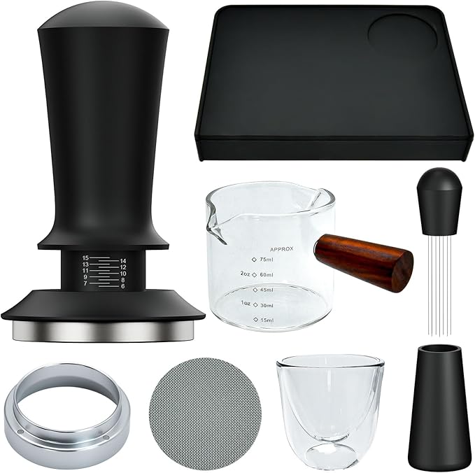7 Pcs 53mm Espresso Accessories Kit, Spring Loaded Calibrated Tamper, WDT Tool, Coffee Measuring & Espresso Cup and Tamper Mat, Puck Screenr & Dosing Funnel, Fit 54mm Espresso Machine Accessories