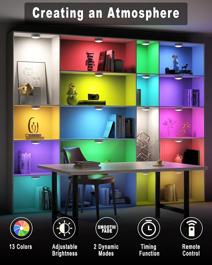 HELPLEX LED Puck Lights with Remote, 6 Pack Color Changing RGBW Stick-On Light, Battery Powered, Dimmable Under Cabinet Lighting with Timer & Memory, Wireless Push Lights for Kitchen & Closet