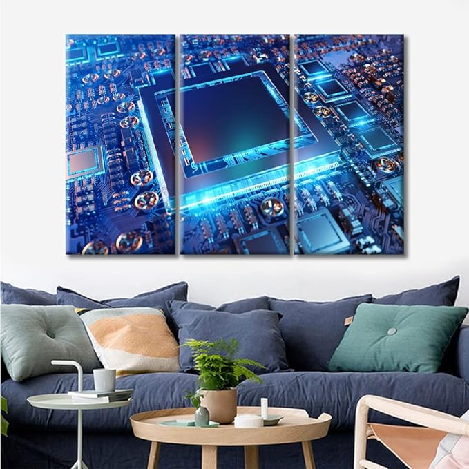 TUMOVO Home Decor Computer Processors CPU Poster Artwork Pictures Bathroom Decor Wall Art 3 Panel CPU Concept Contemporary Home Decor Print on Canvas Framed Ready to Hang (36" Wx24 H)