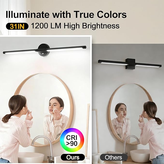 31inch Plug in Bathroom Vanity Light, 6000K Black Wireless Vanity Lights with Remote Control, Black Bar Mirror Light for Bathroom Mirror Cabinets Bedroom