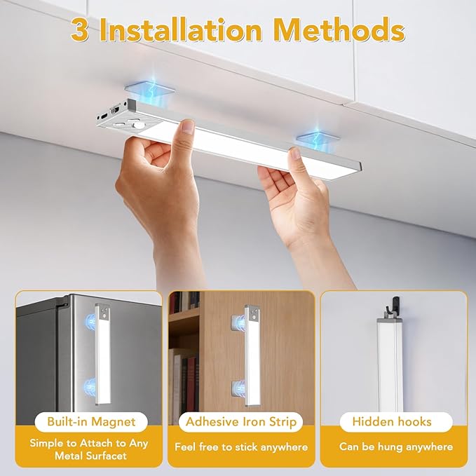 Under Cabinet Lighting, LED Motion Sensor Light Indoor with 3 Color Temps, 2500mAh USB Rechargeable Closet Light, Dimmable Wireless Under Counter Lights for Stairway, Wardrobe, Kitchen(13Inch, 2 Pack)