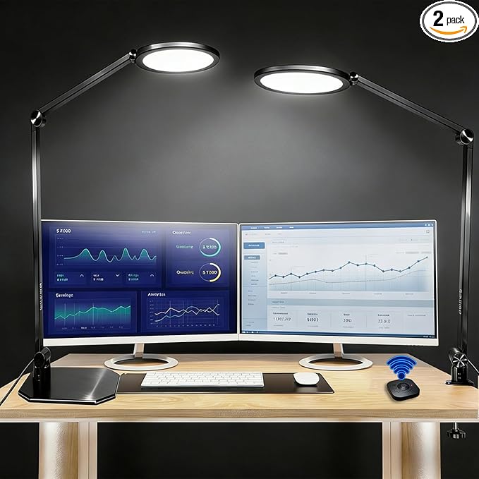 NS Pro LED Desk Lamp with Remote Control, Eye-Caring CRI95+ Dimmable Desk Light, 3000K–6000K Adjustable Color Temperature, Flexible Clamp or Base Mount, for Home Office, Study & Zoom Meetings, 2Pack