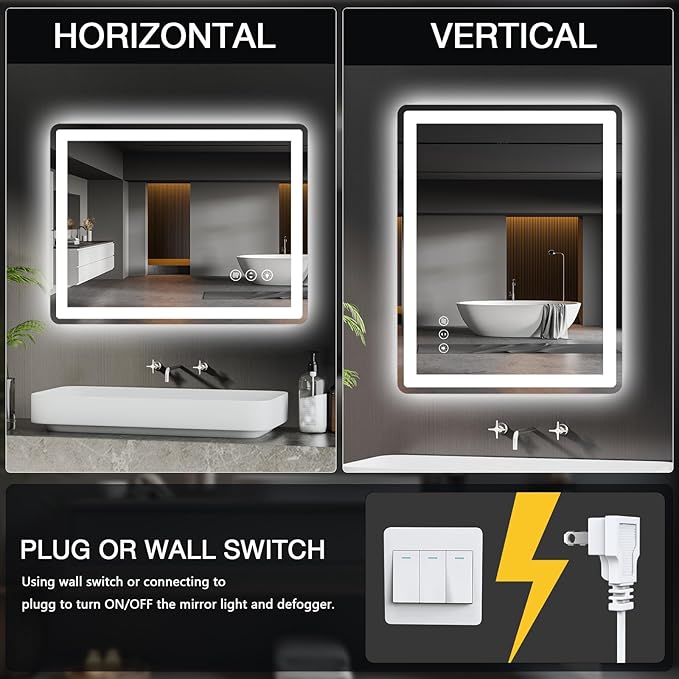 28x36 LED Bathroom Mirror with Front and Backlight, Anti-Fog, Dimmable, Lighted Bathroom Vanity Mirror for Wall, Shatter-Proof Led Mirror for Bathroom, Tempered Glass(Horizontal/Vertical)
