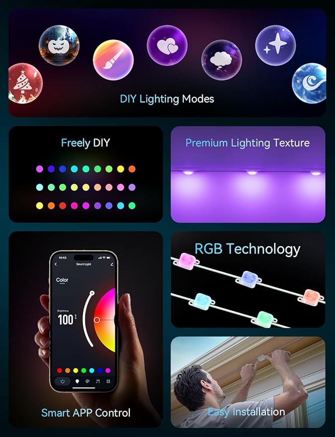 Smart 150FT Permanent Outdoor Lights, RGB LED Lights Outside with App Control - DIY Colors Scene Modes, IP67 Waterproof Eaves Lights for Christmas Halloween Holiday Daily House Roof Eternity Lighting