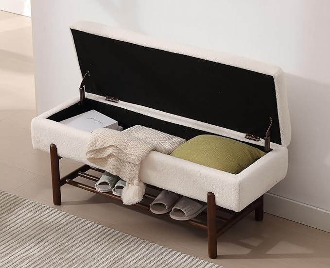 Modern Entryway Storage Bench, Upholstered Shoe Ottoman Bench, Flip-Top End of Bed Bench with Wood Shelf for Living Room/Bedroom/Hallway/Under Window,45Inches, Cream Faux Fur