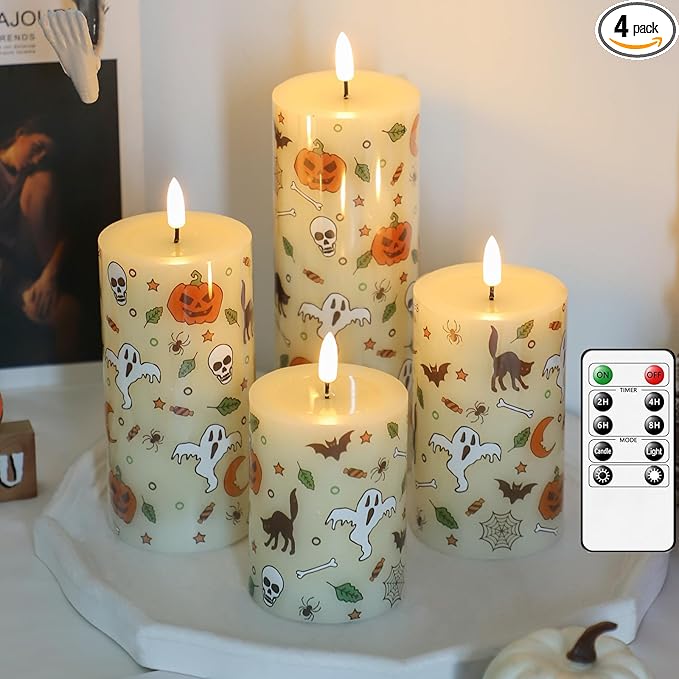 Lezonic Ivory Flameless Candles with Remote, LED Battery Operated Flickering with Timer, 4 Pack Glossy Wax Drips Design Real Wax Pillar for Halloween Decor, Centerpiece, Birthday Gifts (4/5/6/8 Inch)