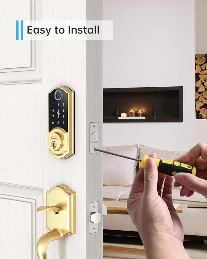 SMONET Smart Lock Keyless Entry Door Lock,Brass Fingerprint Smart Deadbolt with App Remote Control,Electric Bluetooth Digital Door Locks for Front Door,Easy to Install,Gold