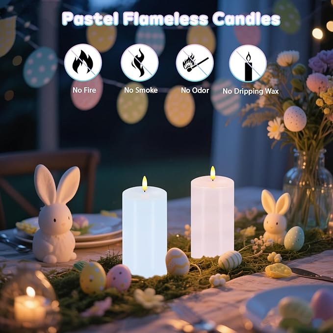 Pastel Flameless Candles, Set of 2 6"x3" Flickering Spring LED Candles with Remote & Timer, Dimmable Real Wax Easter Pillar Candles Battery Operated, Electric Candles for Home Spring Easter Decor