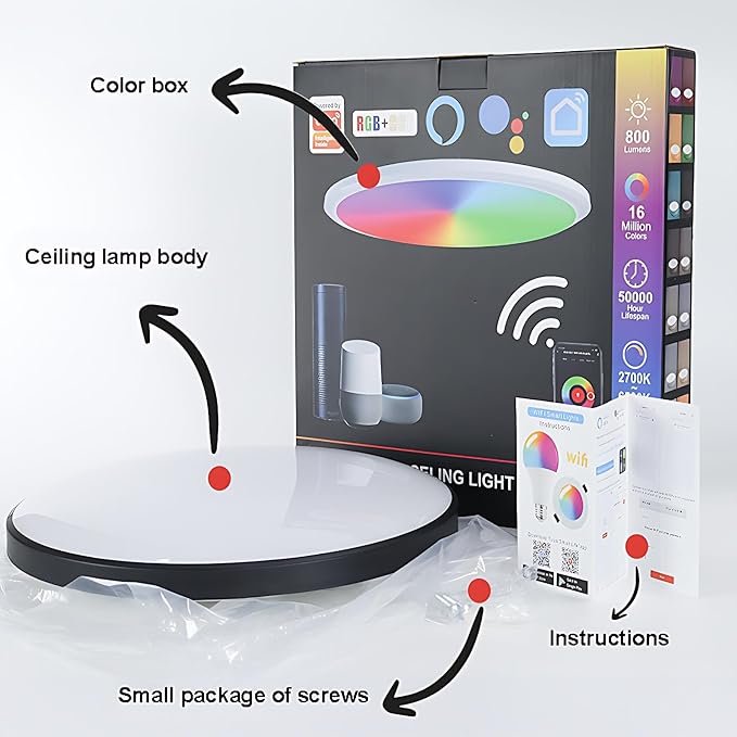 Led Ceiling Lamp Dimmable with Remote Control, 24W 16 Million RGB Color Changing Smart led Ceiling Light Controllable via App, 2400LM Ceiling Light Ø30CM Lamp for Living Room Bedroom, White