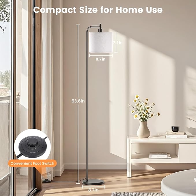 Floor Lamp with Linen Shade, Dimmable Tall Standing Lamp with Remote Control & 3 Color Temperatures, Modern Corner Floor Lamps for Living Room Bedroom Office, 9W LED Bulb Included