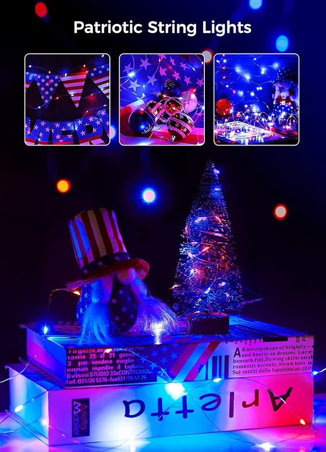 Brightown 4th of July Decor Patriotic Fairy Lights, 7 FT. Silver Wire Red White Blue String Lights, Firefly Starry Moon Lights, Micro LED Mini Fairy Lights for Jars DIY Picture Wedding
