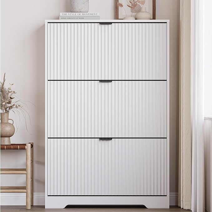 Entryway Shoe Cabinet with 3 Flip Drawers, Narrow Shoe Organizer Cabinet with Fluted Panel and Adjustable Shelves for Foyer, Hallway