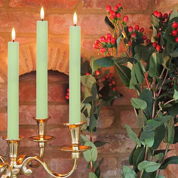 Wondise Flameless Flickering Taper Candles with Remote and Timer, Battery Operated 3D Wick Real Wax LED Taper Candles 6 Packs for Spring Dinner Holiday Decor(0.78 x 9.64 Inches，Green)