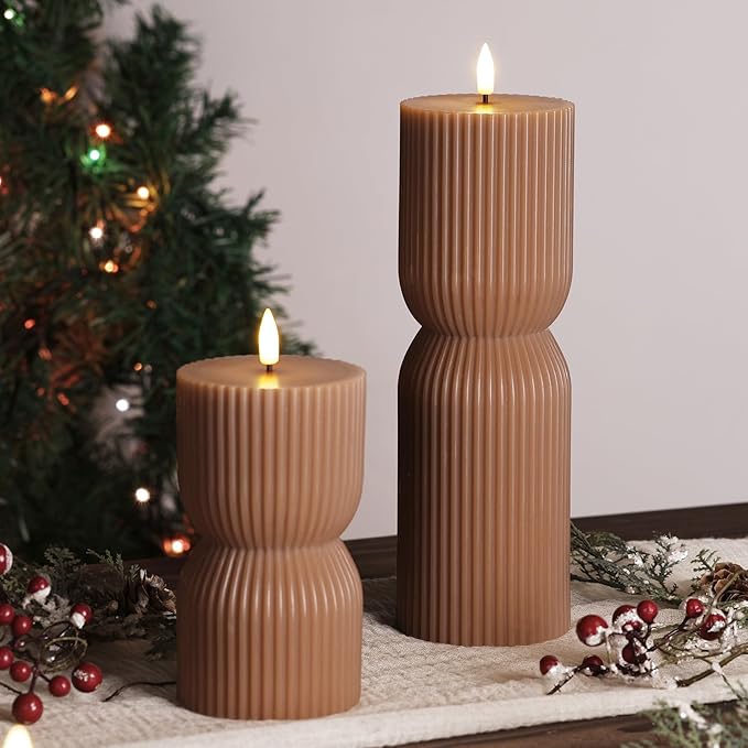 Warm Brown Ribbed Flameless Pillar Candles with Remote, Real Wax Flickering Battery LED Candles Christmas Decor Gift Set of 2